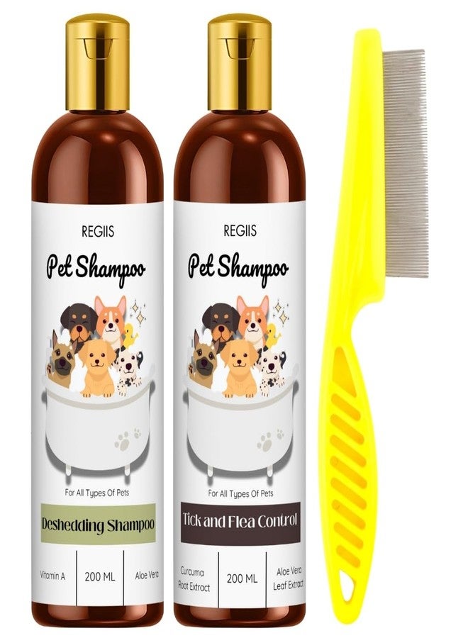 مجموعة شامبو للحيوانات الأليفة، تركيبة لإزالة الشعر الزائد ومكافحة القراد والبراغيث، 200 مل لكل عبوة مع مشط للبراغيث، مكونات طبيعية للكلاب والقطط (عبوة من 3 قطع) - Image 1